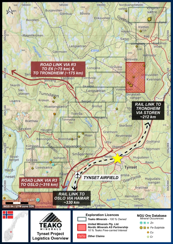 Figure 1: Logistical Overview, yellow star marking centre of Tynset town, Tynset project