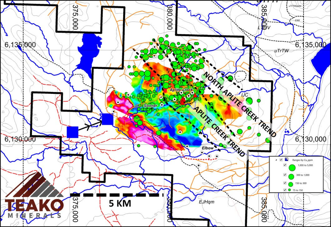 Figure 4: Rock sampling at Aplite Creek Occurrence: Copper in ppm