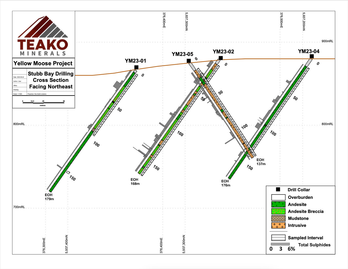 Figure 2: Stubb Bay Drilling Cross Section with Lithology, Mineralization & Sampled Intervals Facing Northeast