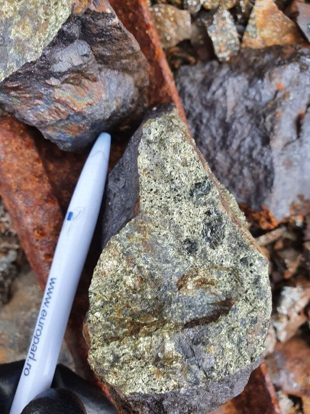 Photo 2: Sample D125040 containing 7.77% Cu, from the Indre Gressdal target