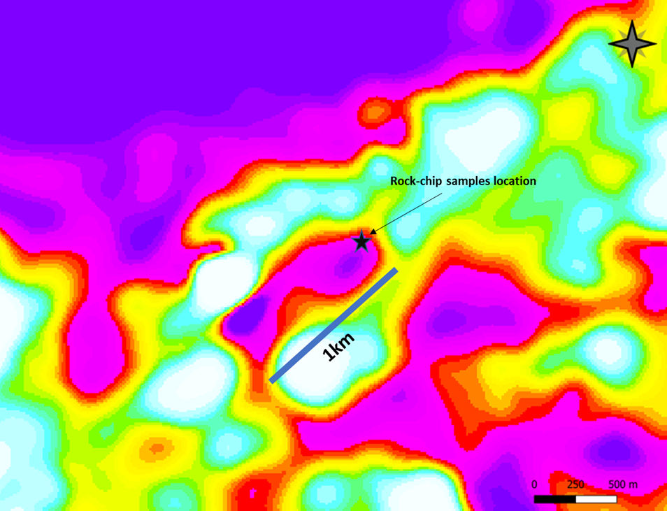 Photo 4: Airborne EM CP-880 map showing an >1km long EM anomaly below surface, with the four rock-chip samples D125049