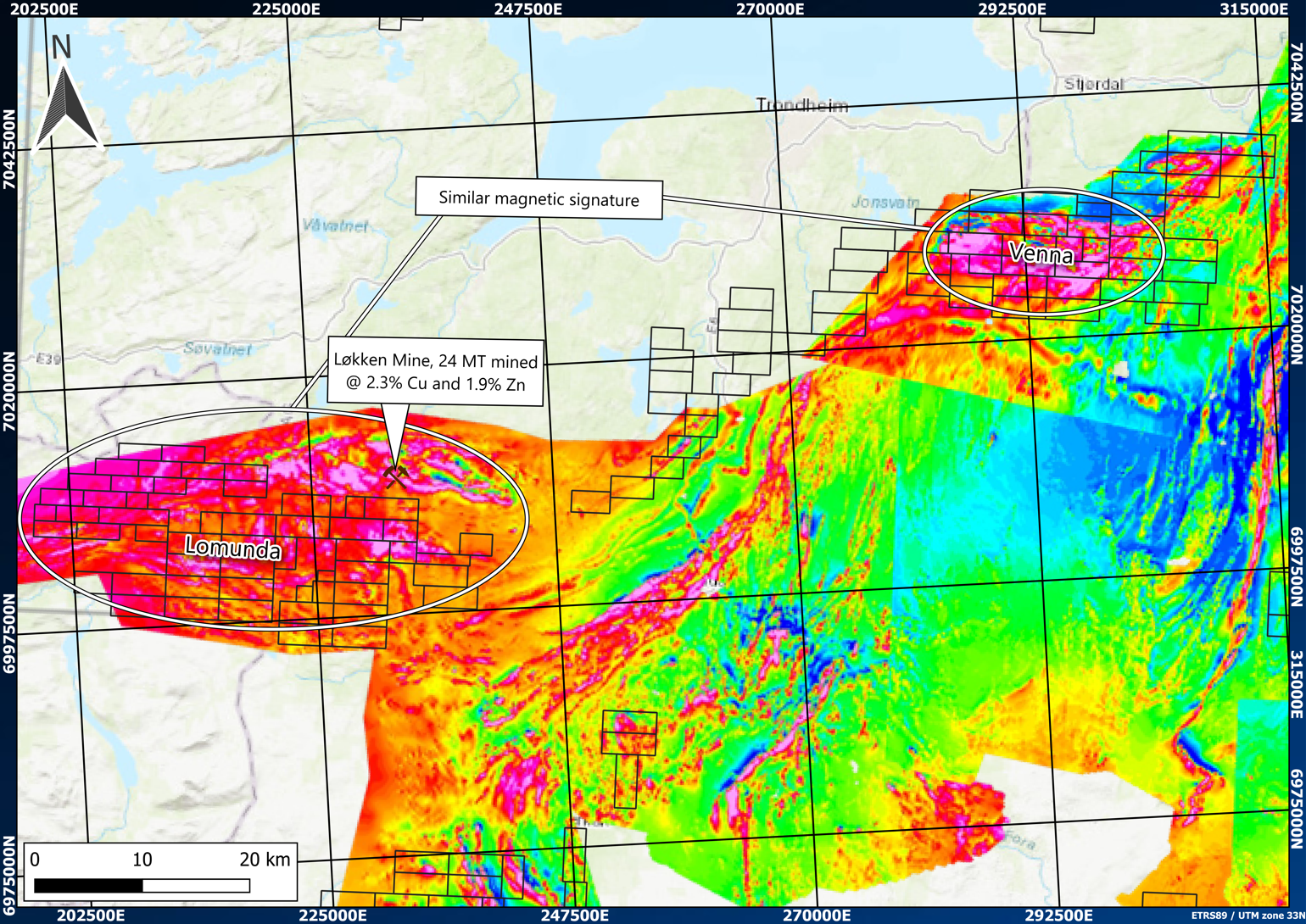 Figure 3: Magnetics data for Lomunda and Venna hot colours indicating magnetic highs, cooler colours indicating lows
