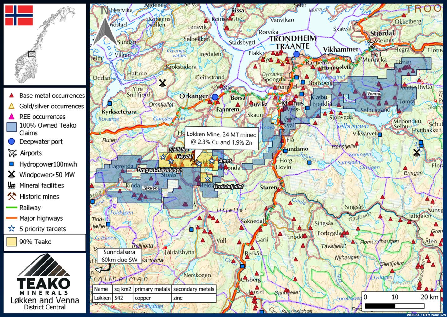 Figure 1: Løkken Property with claims highlighted in yellow hosting the Åmot and Høydal target.
