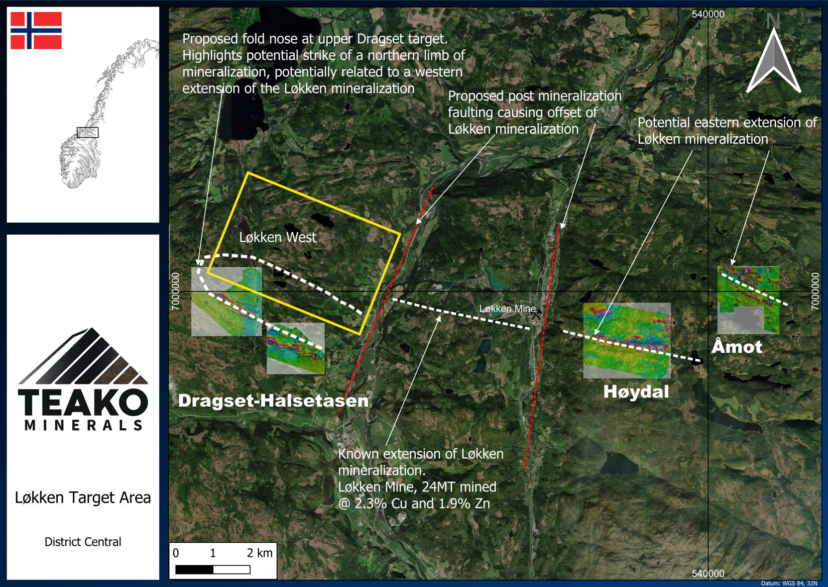 Figure 2: Løkken Target Area with Åmot and Høydal to the East of the Historical Løkken Deposit