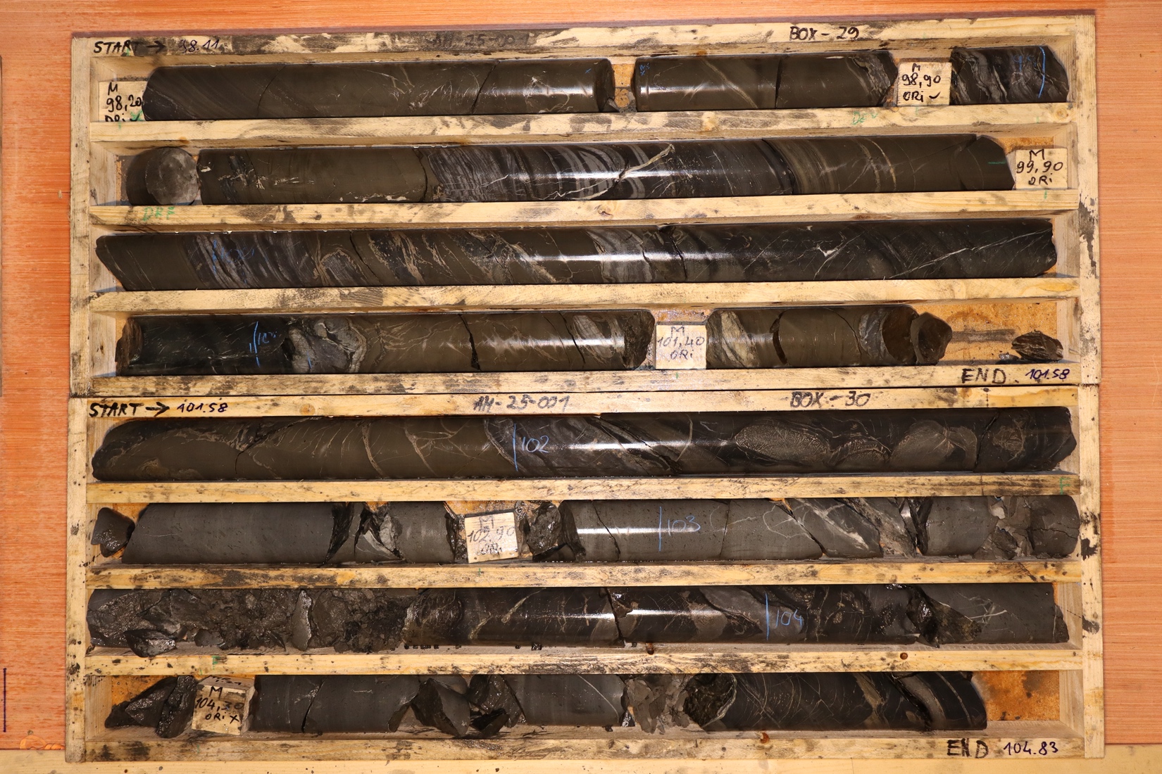 Picture 1: Vasskis dominated by pyrrhotite and pyrite (AM-25-001 From 98.1 m to 104.8 m)