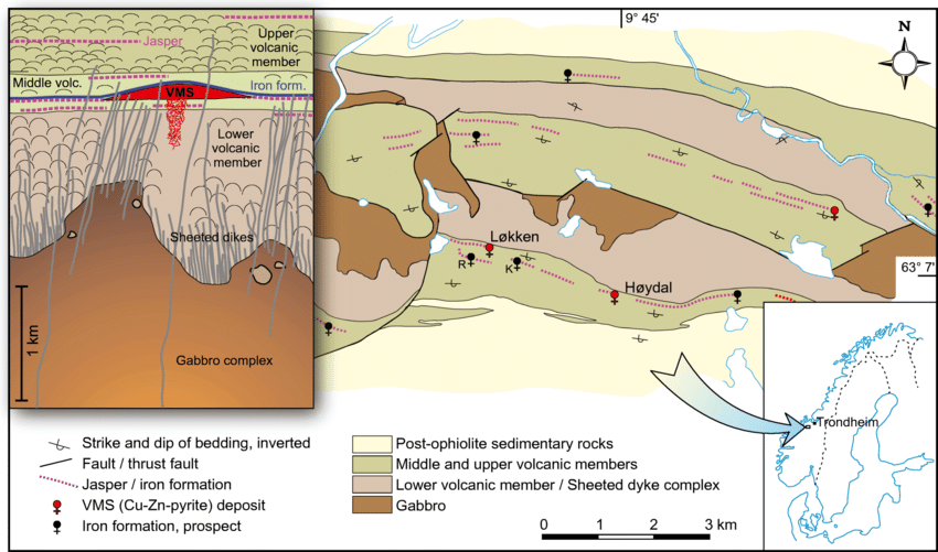 Figure 3: The sulfide-jasper relations at the Løkken and Høydal deposits (Tor Grenne, JF Slack, 2018)2.