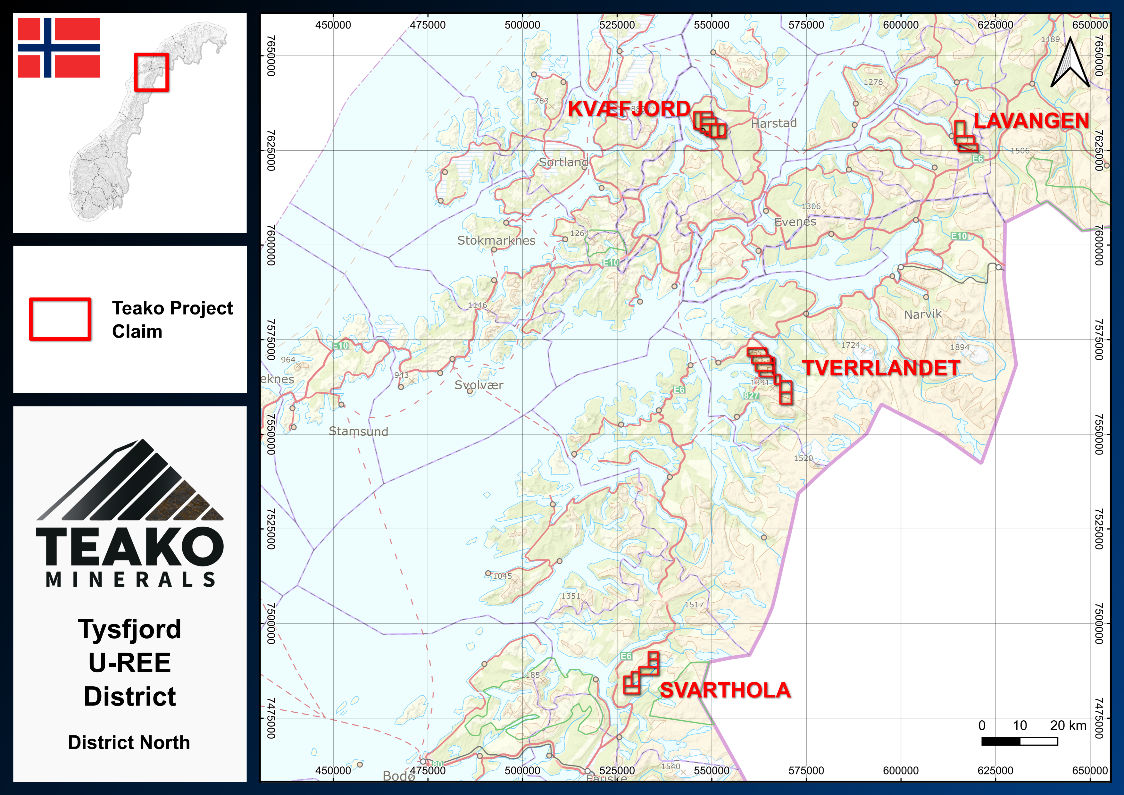 Figure 1: Location map of the Svarthola, Tverrlandet, Lavangen and Kvæfjord Projects