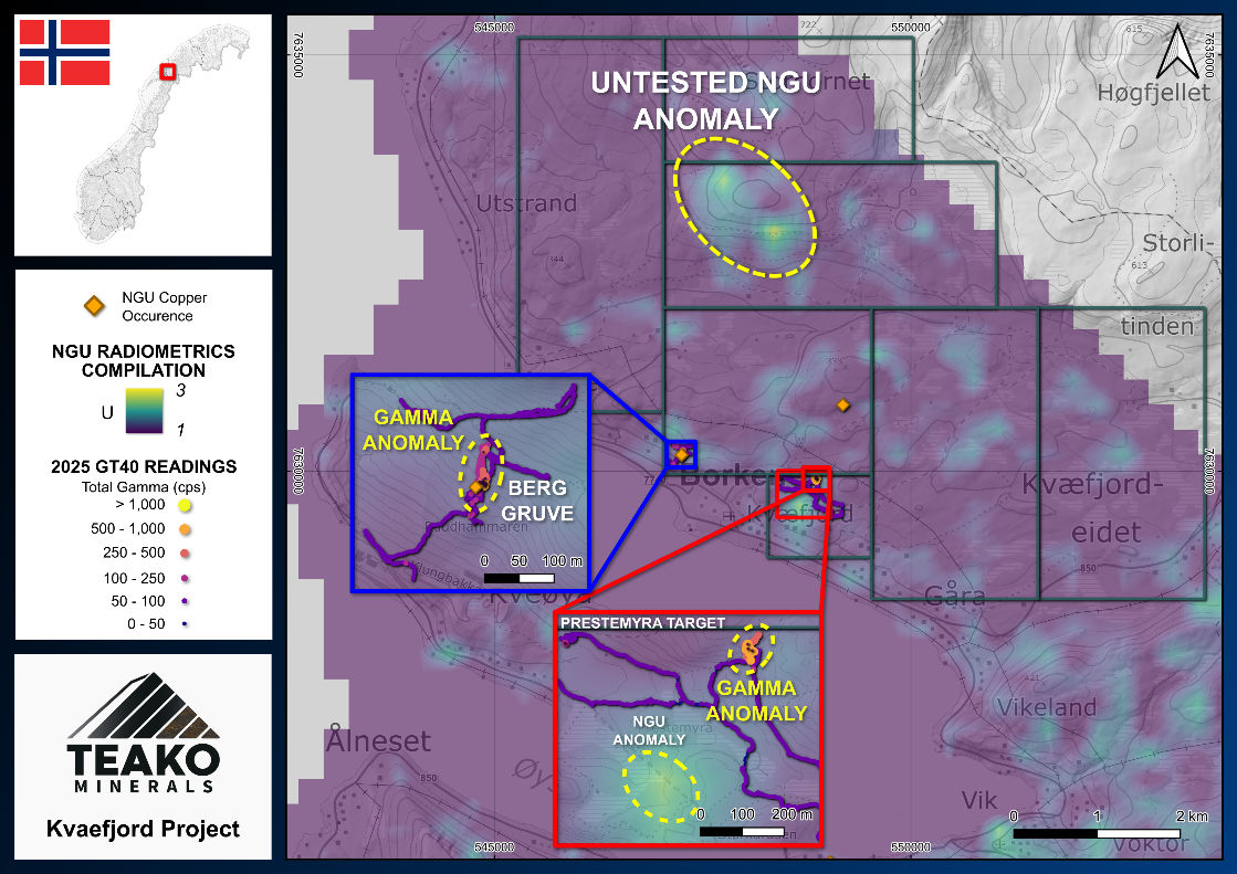 Figure 6: Overview of the Kvæfjord project with inset of the area of investigation with the GT40. The background radiometric map has been edited to highlight the highest U values, indicating multiple areas of interest over the project.