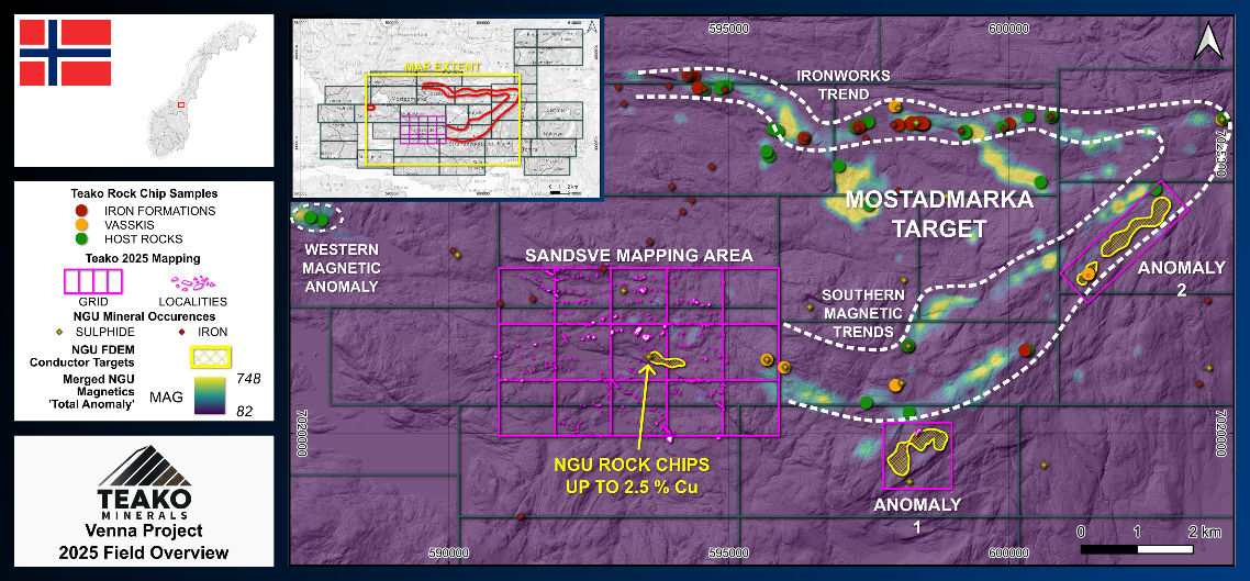 Figure 1: The Venna Project 2025 field program, highlighting mapping grid with EM anomaly locations and the Mostadmarka Target iron formation sample locations, with isolated regional magnetics overlain.