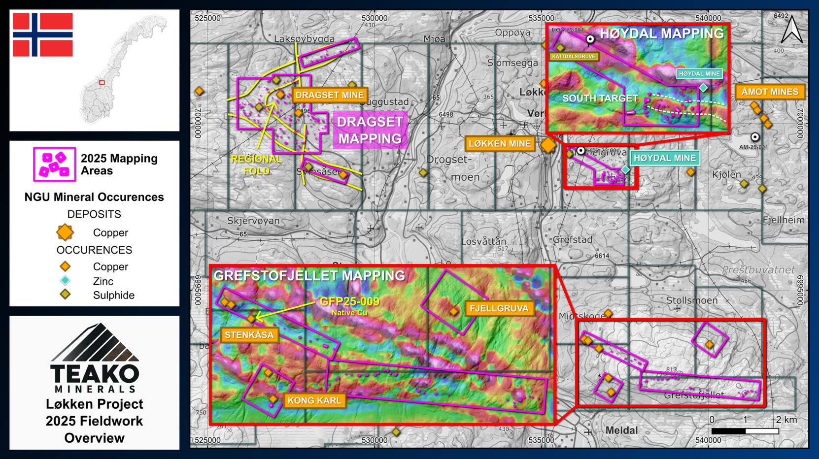 Figure 3: Overview map highlighting the areas focussed during the Løkken Field Program.