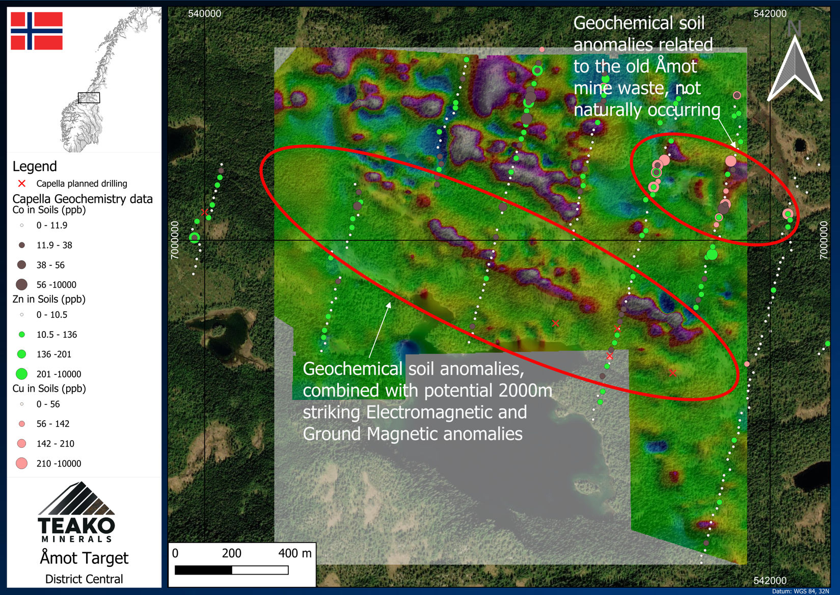 Figure 4: Overview of Åmot Target Showing Ground Magnetics and Soil Geochemistry