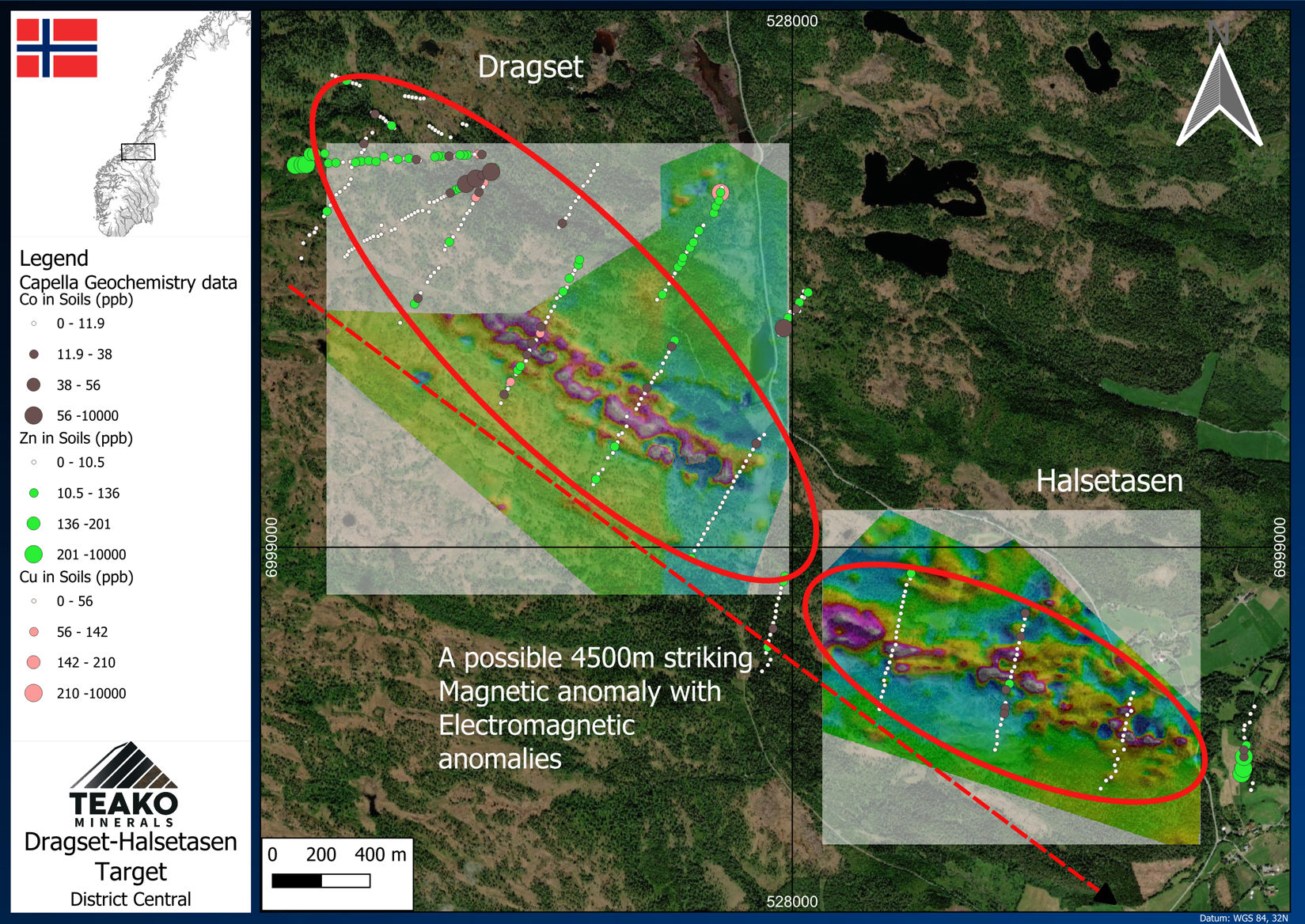 Figure 7: Overview of the Dragset-Halsetasen Target Showing Ground Magnetics and Soil Geochemistry
