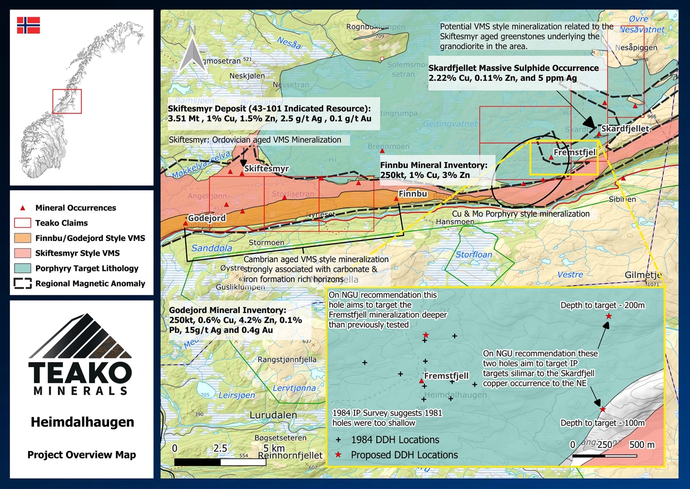Figure 2: Map highlighting the VMS horizons and porphyry potential over the Heimdalhaugen Project area, including historic mineral inventories and proposed drilling by the NGU.