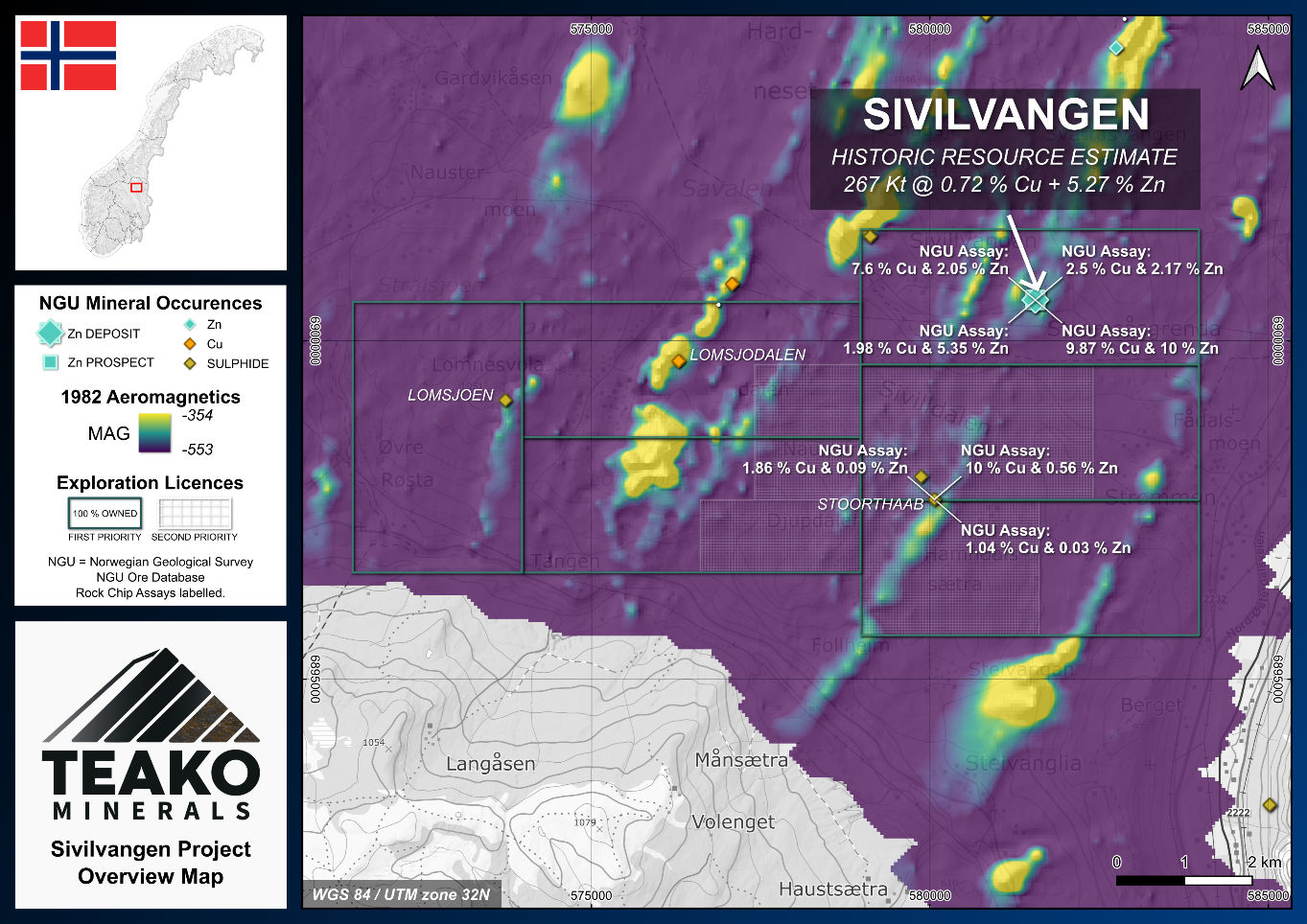 Figure 3: Sivilvangen Project overview map with NGU magnetics and NGU rock chip samples with grade data overlain and historic resources estimates for the Sivilvangen deposit (Killi, Juhava and Bjerkgård, 1991)