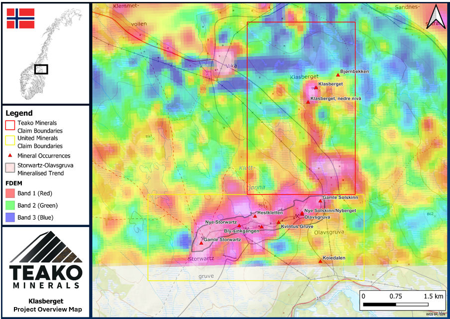 Figure 4: Klasberget Project map with regional electromagnetic (EM) data highlighting exploration potential across the Project