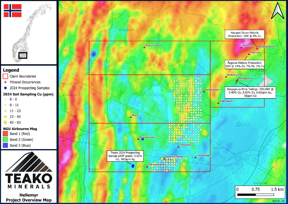 Figure 5: Hellemyr Project overview map with NGU magnetics and occurrences overlain, with Teako 2024 soil sampling locations and internal pXRF results and historical resource estimates (Marmine A.S. 1993)