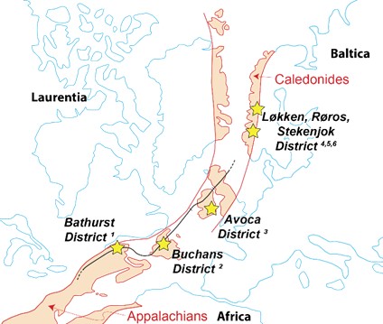 Figure 2. Location of the Løkken deposit in the Caledonian orogeny (bottom) and mine-scale geology (top).
