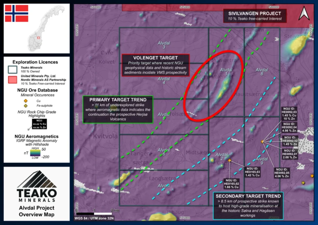 Overview map of the Alvdal Project highlighting key features and targets picked from available exploration datasets., Alvdal project