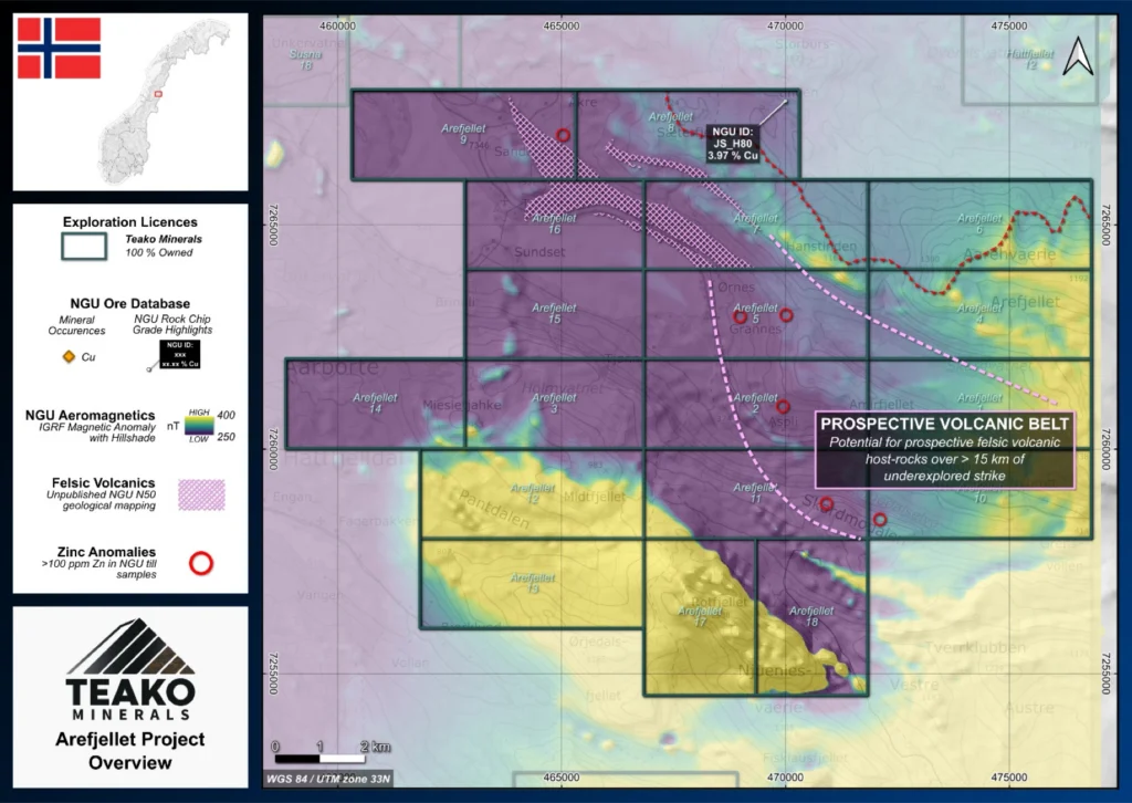 Overview Map of the Arefjellet Project showing NGU aeromagnetic data overlain with key geological features and geochemical anomalies., Arefjellet project