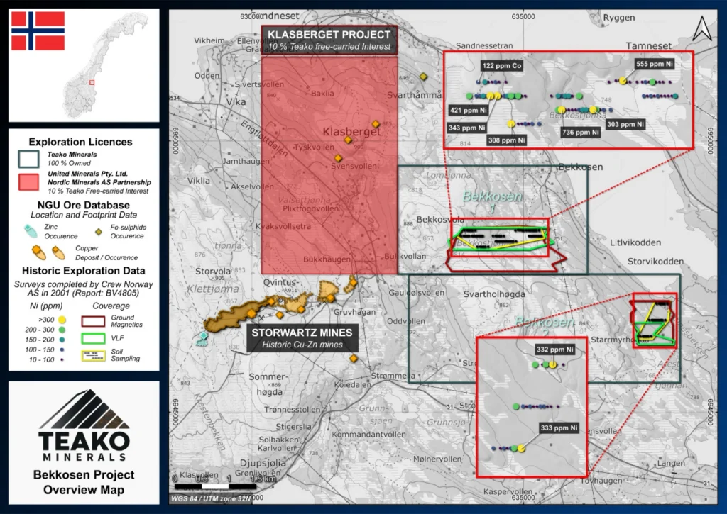 Overview of the Bekkosen Project, with historical exploration data digitised from DMF archive report BV4805., Bekkosen project