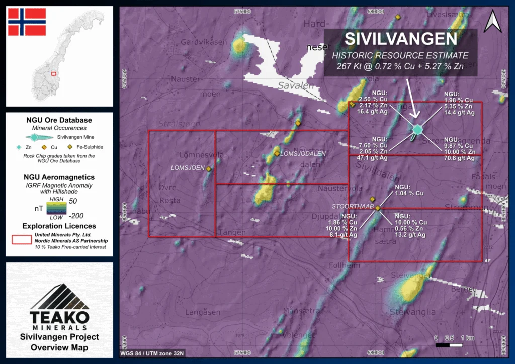 Figure 3: Sivilvangen Project overview map with NGU magnetics and NGU rock chip samples with grade data overlain and historic resources estimates for, Sivilvangen project