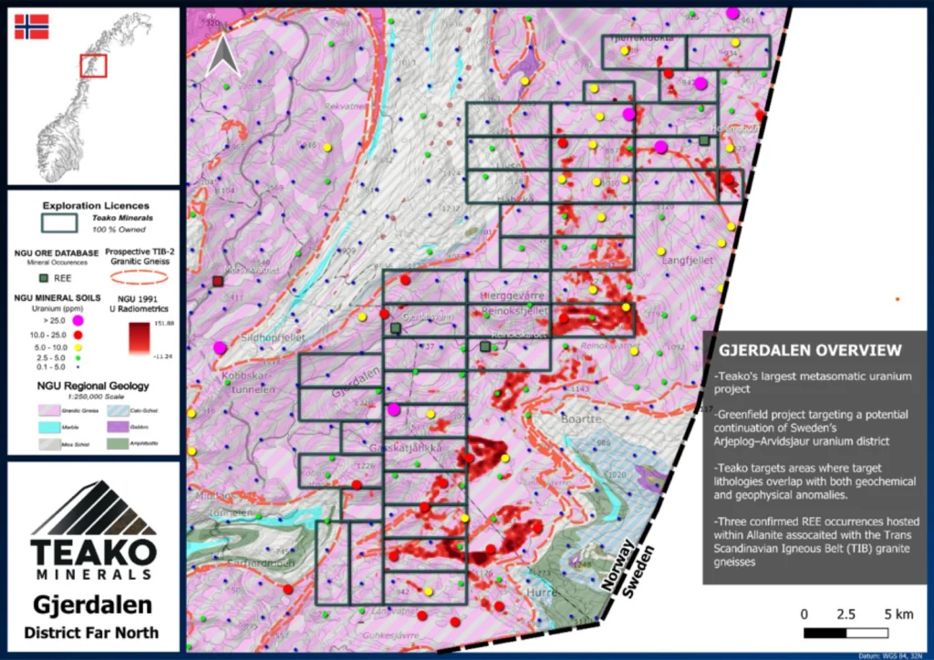 Overview map of Gjerdalen with the REE occurrences mapped by the NGU highlighted, Gjerdalen project