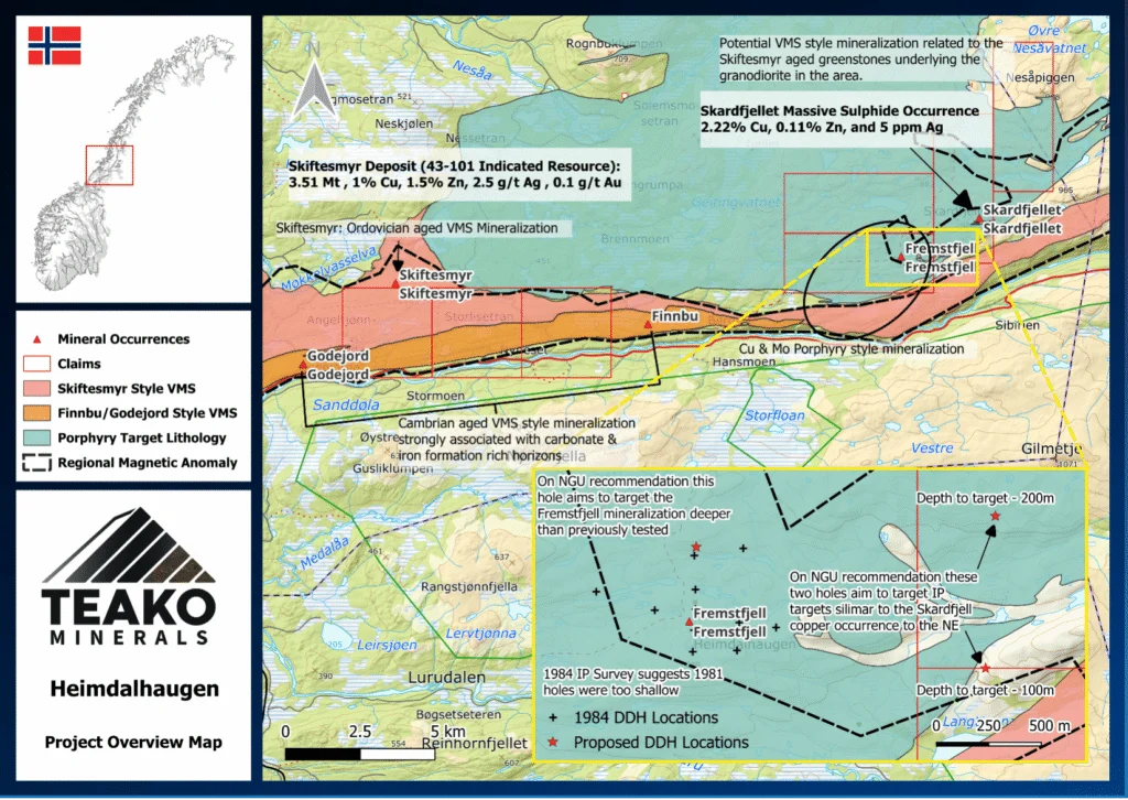 Figure 2: Map highlighting the VMS horizons and porphyry potential over the Heimdalhaugen Project area, Heimdalhaugen project