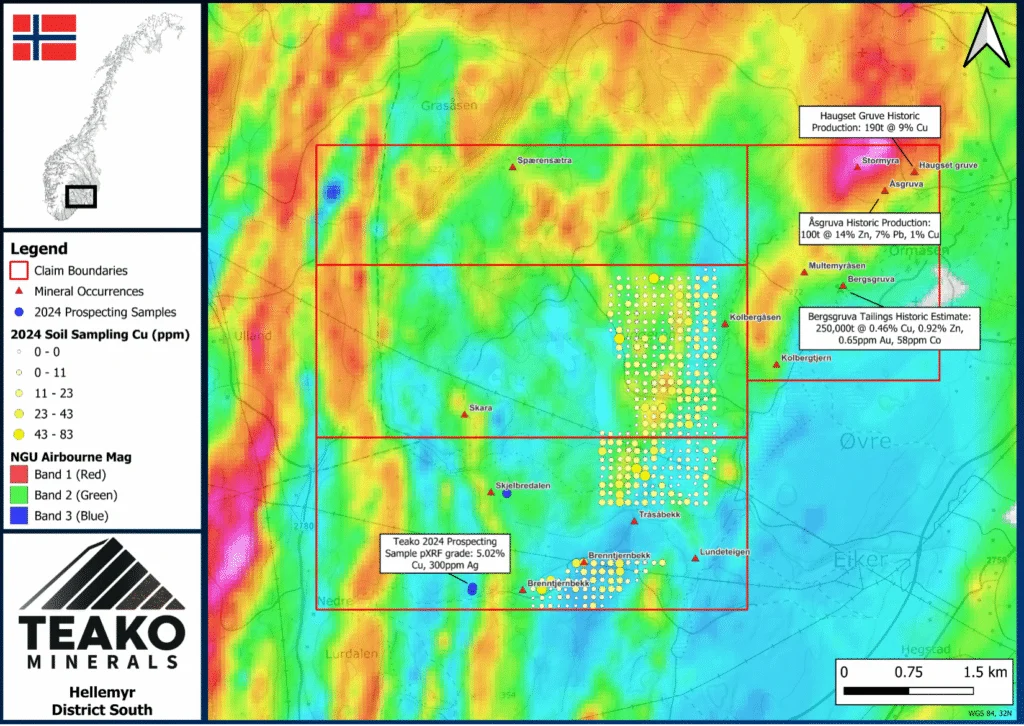 Figure 5: Hellemyr Project overview map with NGU magnetics and occurrences overlain, with Teako 2024 soil sampling locations and internal pXRF result, Hellemyr project