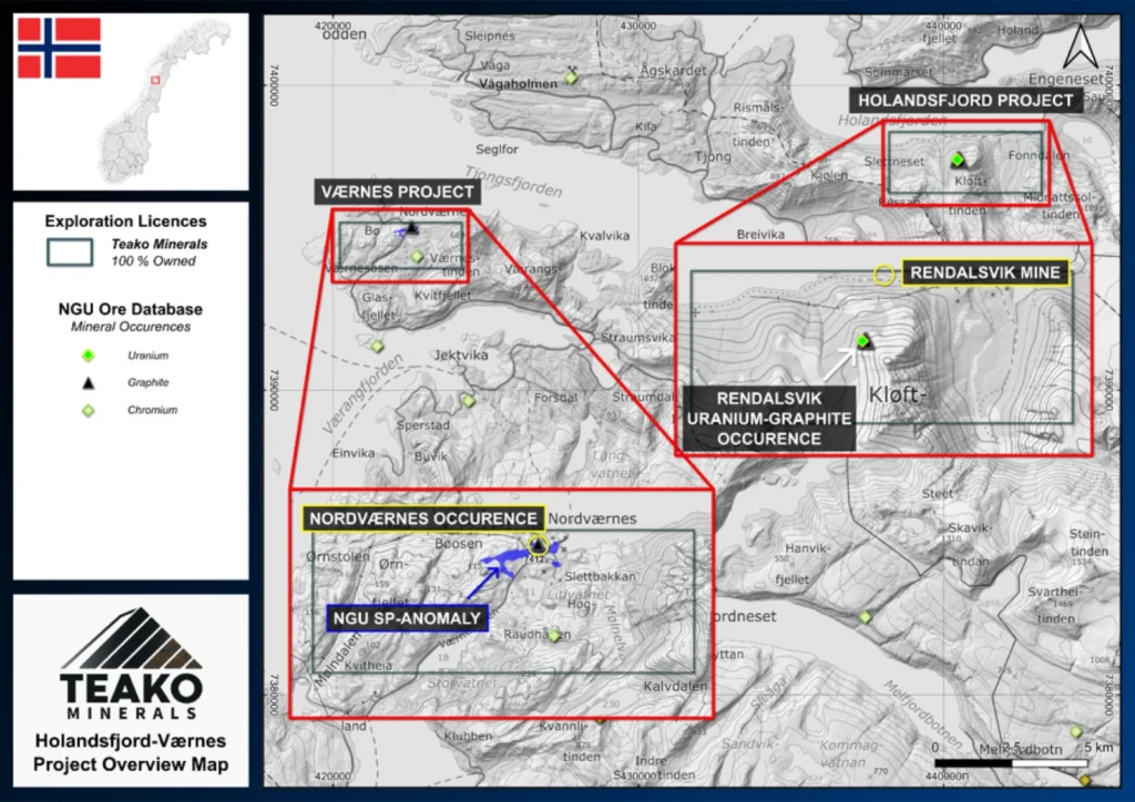 Overview Map of the Holandsfjord-Vaernes Projects, with key occurrences highlighted. Note the blue polygon on the Vaernes inset map, which shows the extent of an SP anomaly detected by the NGU., Vaernes project