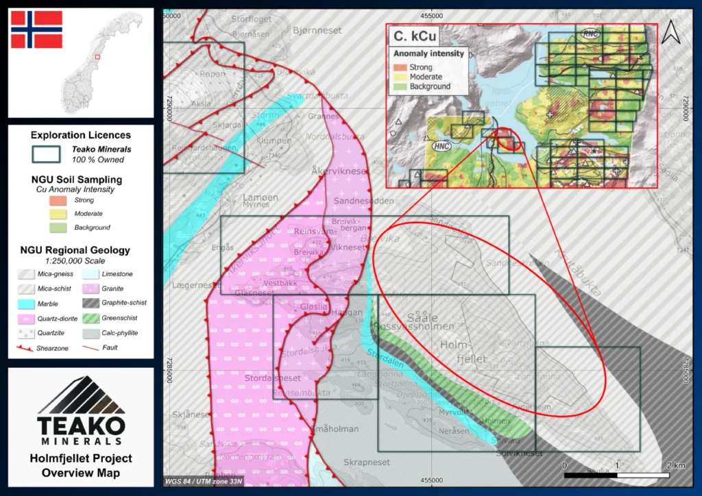 Geology of the Holmfjellet project highlighting target area in red, Holmfjellet project