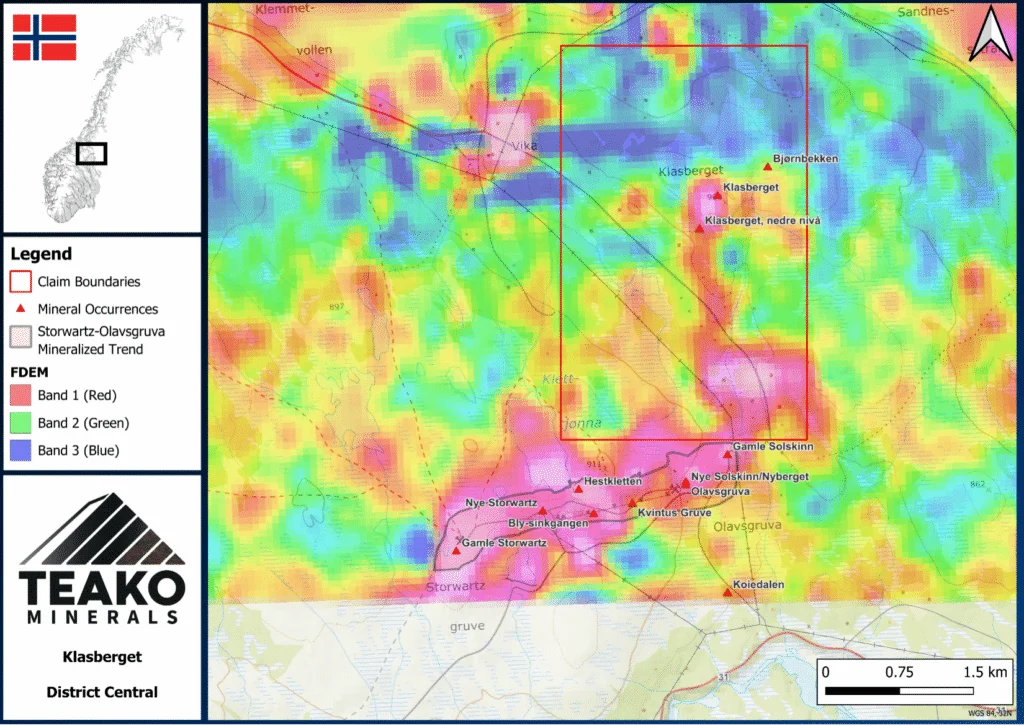 Figure 4: Klasberget Project map with regional electromagnetic (EM) data highlighting exploration potential across the Project, Klasberget project