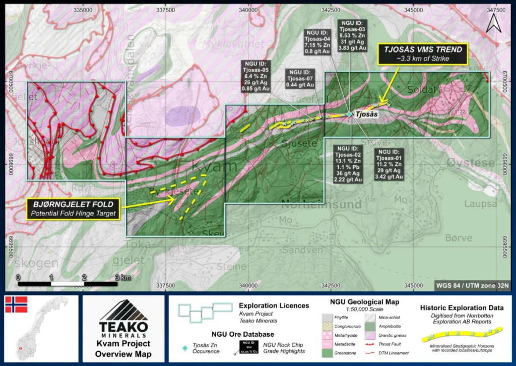 Overview Map of the Kvam Project, with key targets and high grade NGU rock chips overlain onto 1:50,000 scale geological mapping data from the NGU., Kvam project
