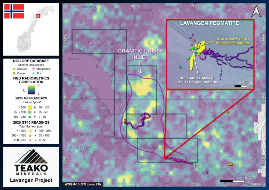 Lavangen field program 2025 showing where the field team mapped using the GT40, overlying regional U radiometric data., Lavangen project