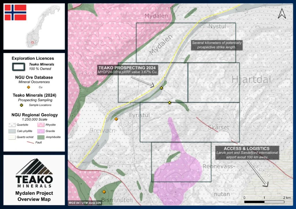 Geology of the Mydalen project including two sample locations of the 2024 field programme. MYDP24-001 is hosted in the thin amphibolite unit described below, internal pXRF result, not lab verified., Mydalen project