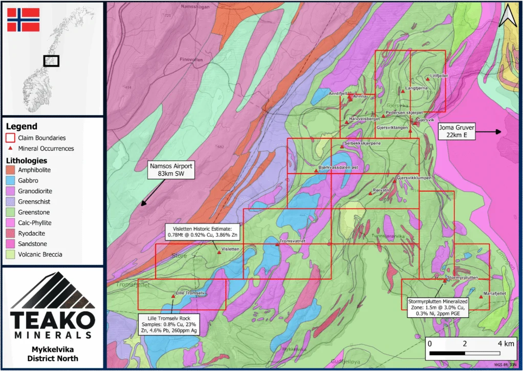 Figure 1: Geological map of the Mykkelvika Project with notable mineral occurrences highlighted, Mykkelvika project