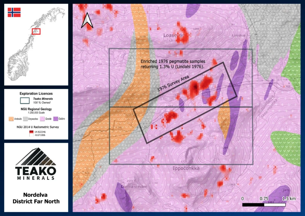 Regional geology, NGU radiometric anomalies and claim locations for the Nordelva pegmatite, Nordelva project
