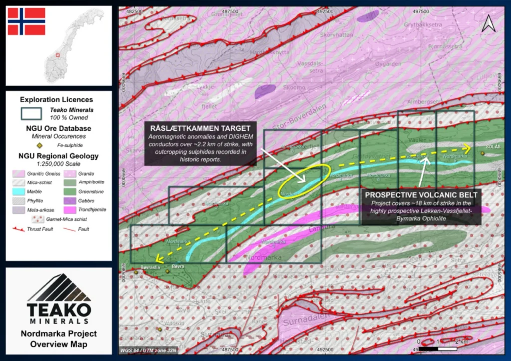 Overview geological map of the Nordmarka project, with a key target highlighted., Nordmarka project