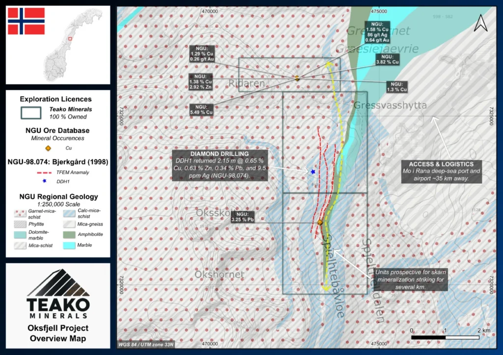 Overview geological map of the Oksfjell Project, overlain with NGU rock chip grades and exploration datasets, Oksfjell project