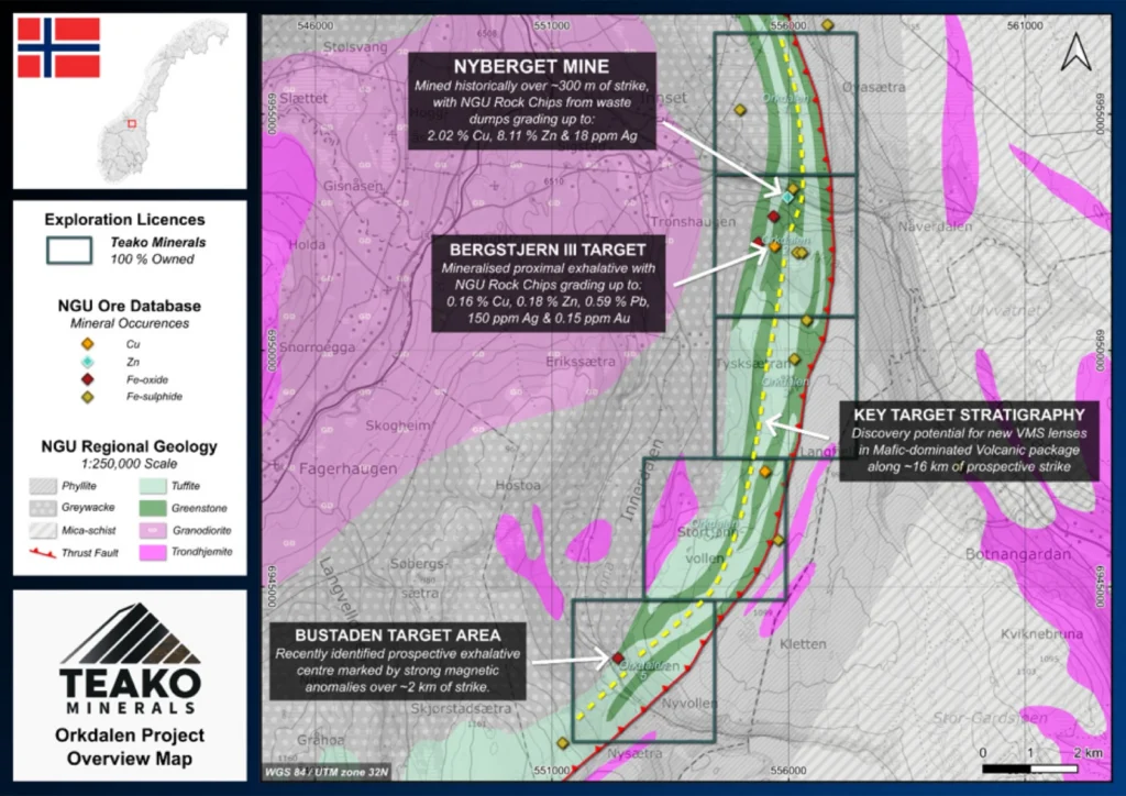Overview map of the Orkdalen Project, with key target areas and geophysical trends overlain onto NGU 1:250,000 scale geological mapping., Orkdalen project