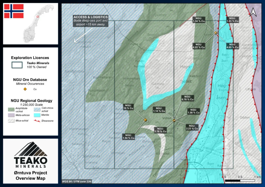 Geology Map of Ørntuva highlighting NGU rock chip geochemistry, Ørntuva project