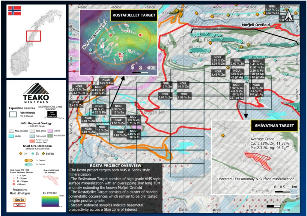 Local Geology of the Rosta Project, highlighting NGU rock chip sample geochemistry, Rosta project
