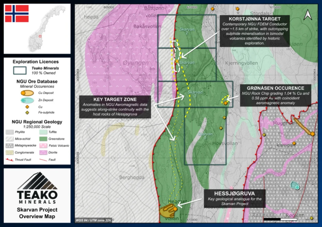 Overview geological map of the Skarvan Project, with key target trends and the analogous Hessjogruva highlighted., Skarvan project