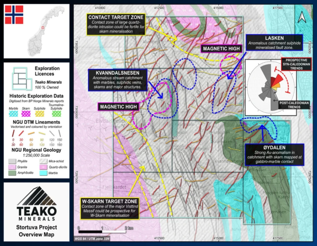 Overview geological map of the Stortuva Project, with promising stream catchment areas circled in dotted blue. Search spaces for contact Tungsten skarns are marked in yellow, and regional magnetic highs are outlined in magenta. Structural lineaments extracted from the Norwegian Geological Survey’s topographic lineament database are shown, and coloured based on their orientation. Red-yellow coloured structures are thought to be prospective syn-Caledonian features that may have acted as pathways for intrusions and/or mineralising fluids., Stortuva project