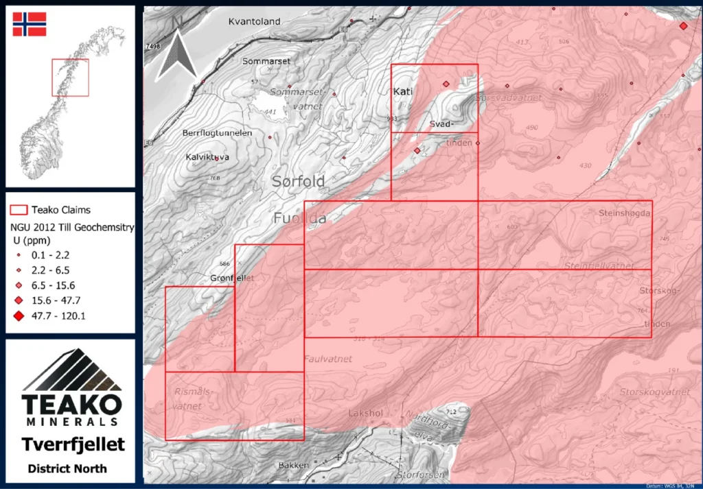 The Tverrfjellet project showing the extent of the TIB 2 granite target lithology and the NGU's till geochemistry samples in the north, Tverrfjellet project
