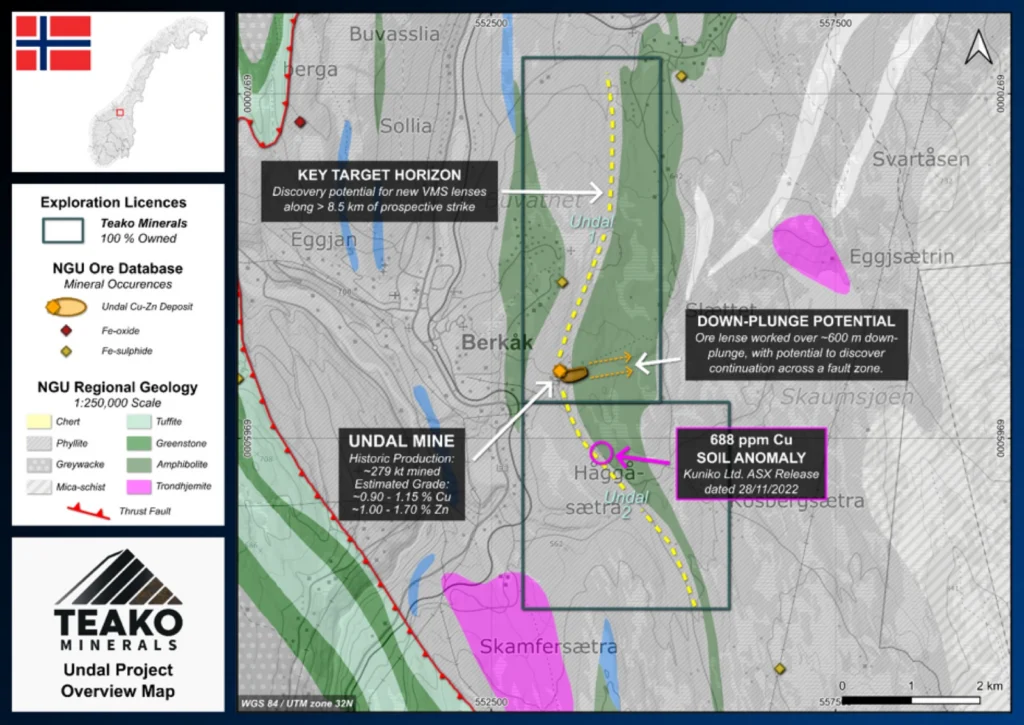 Overview geological map of the Undal Project, with key target features labelled., Undal project