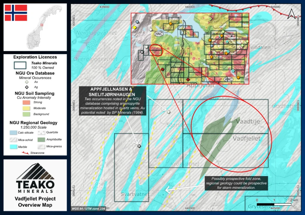 Geology of the Vadfjellet project with the locations of the Appfjellnasen and Snelitjørnhaugen occurrences. The black lines show ideas for possible regional scale fold structures, data from Acosta-Gongora et al. (2024)., Vadfjellet project