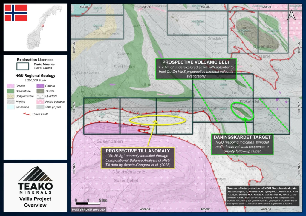 Overview map of the Vallia Project with prospective targets highlighted, Vallia project
