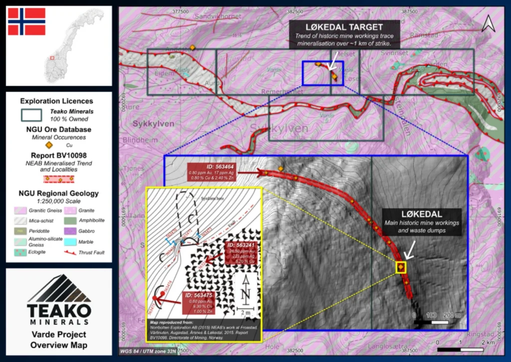 Overview geological map of the Varde Project, with inset maps showing the key Løkedal target trend and the location of high grade rock chips digitised from archived exploration reports., Varde project
