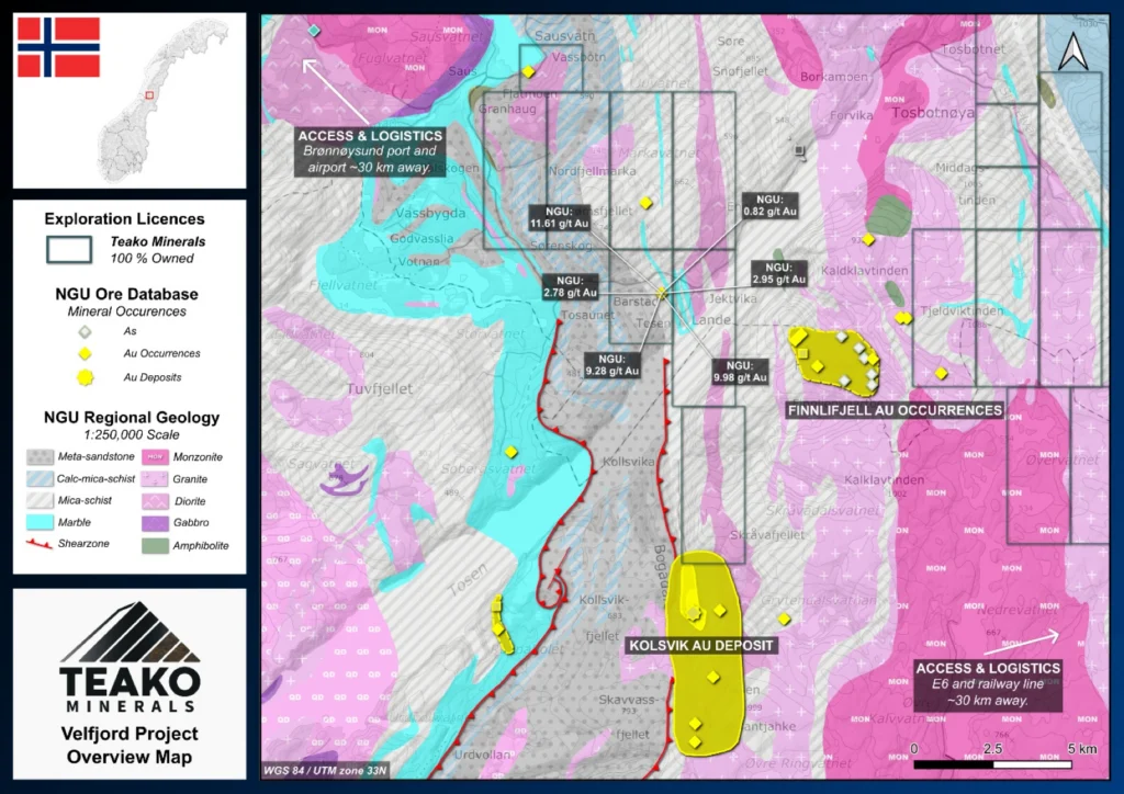 Geology Map Velfjord with mineral occurrence areas highlighted., Velfjord project