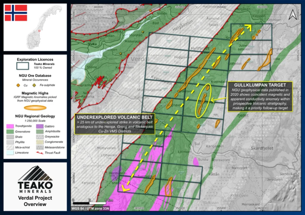 Overview geological map of the Verdal Project area, showing key target trends and geophysical features., Verdal project
